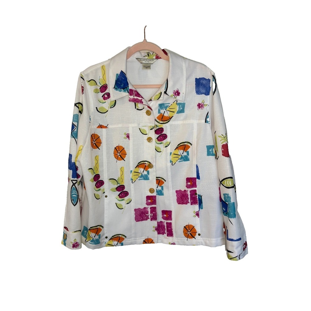 Allison Daley Petite 16P White Linen Blend Blazer Jacket Colorful Abstract Print